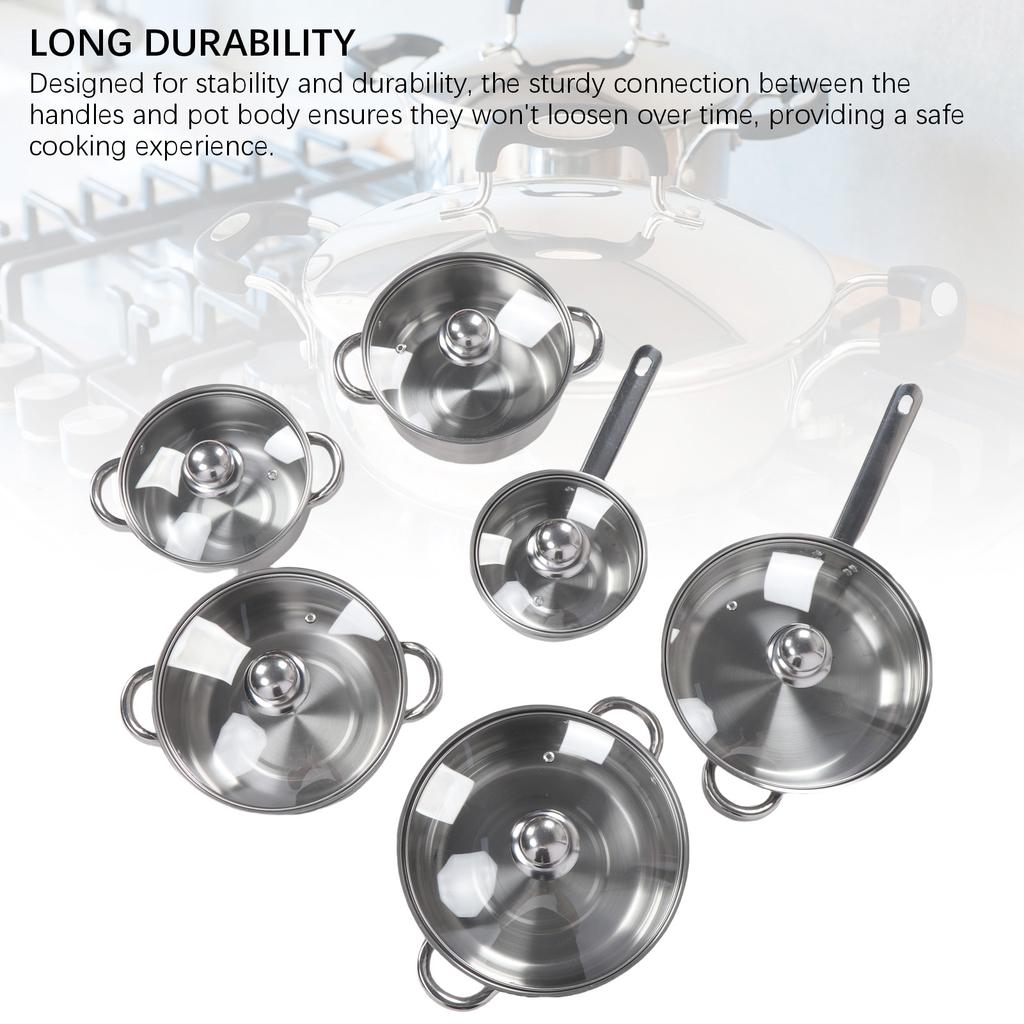 6 Pcs Stainless Steel Pots and Pans Set Even Heating Thickened Easy To Clean Cookware Set with Lids for Kitchen