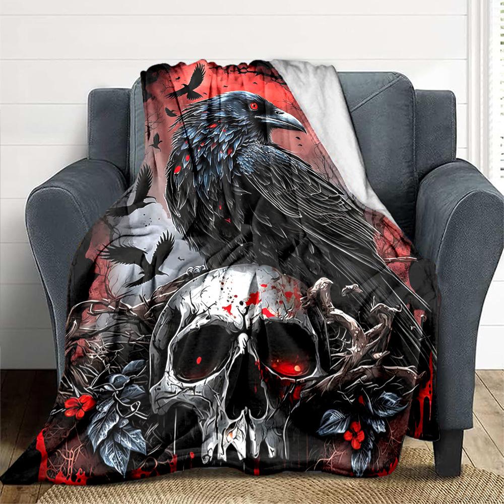1pc Raven Skull Artwork Blanket, Lightweight Flannel Throw For Sofa, Bed, Travel, Camping, Livingroom, Office, Couch, Chair, And Bed,