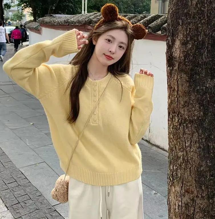 

New Women Knit Pullover Sweater Fall Winter Soft Yellow Lazy Style Casual Round Neck Tops One Size жовтий