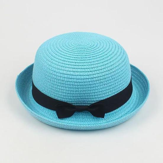 Parent-child Beach Hat Dome Curved Brim UV Protection Hat Handwoven Summer Outdoor Straw Hat with Black Satin Ribbon Bow