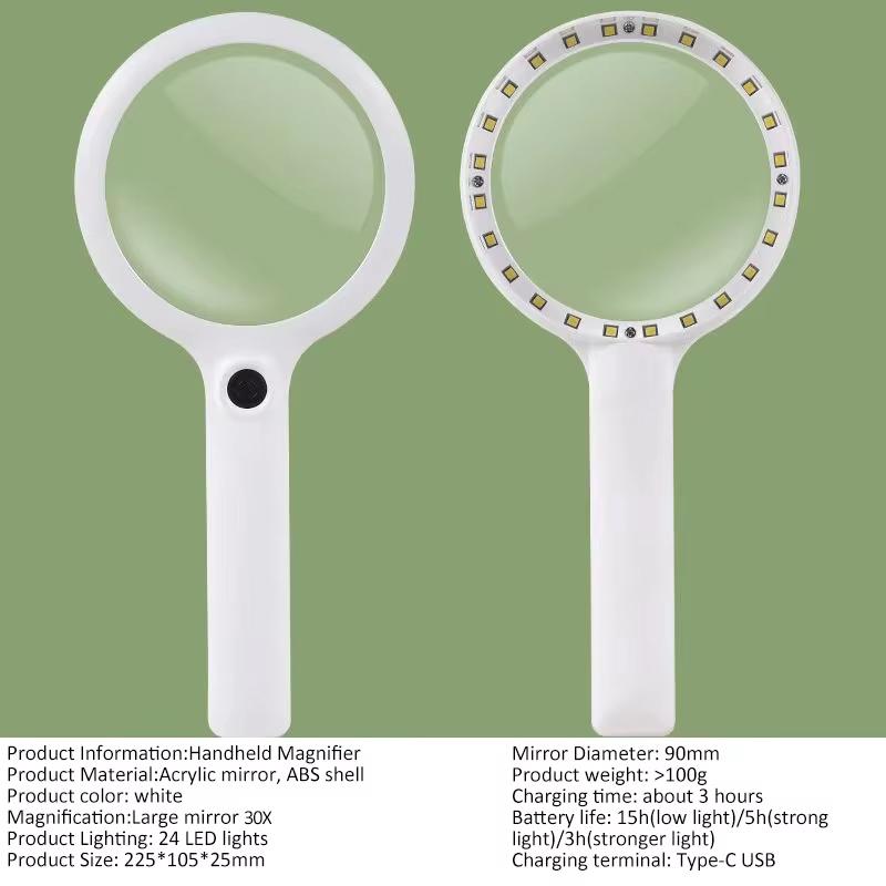 Handheld Magnifier 10/15/30X Rechargeable Illuminated Magnifying Glass with 3 Light Modes Portable Magnifier for Reading Repair