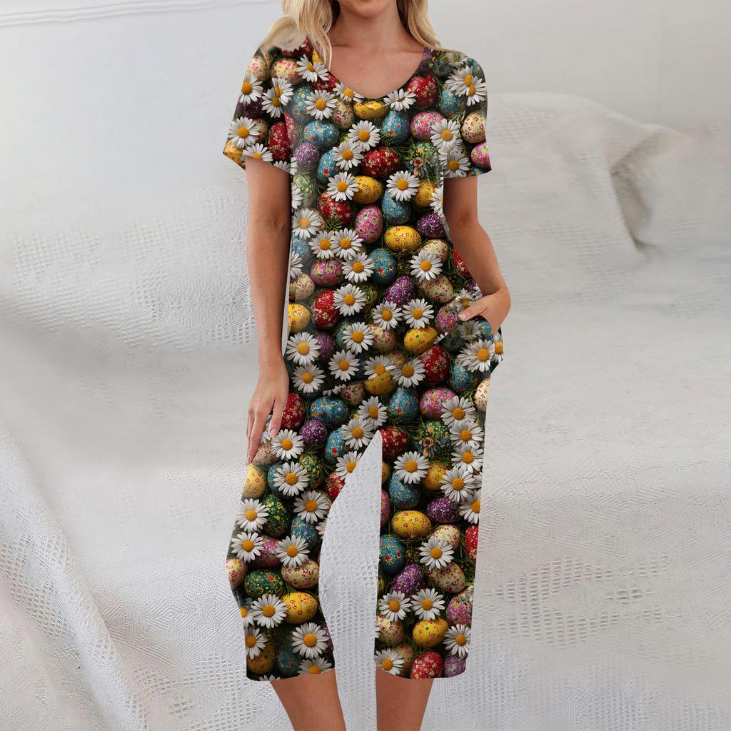 2 Piece Sets For Women Short Sleeve Top And Pants With Pockets Workout Soft Print Sets