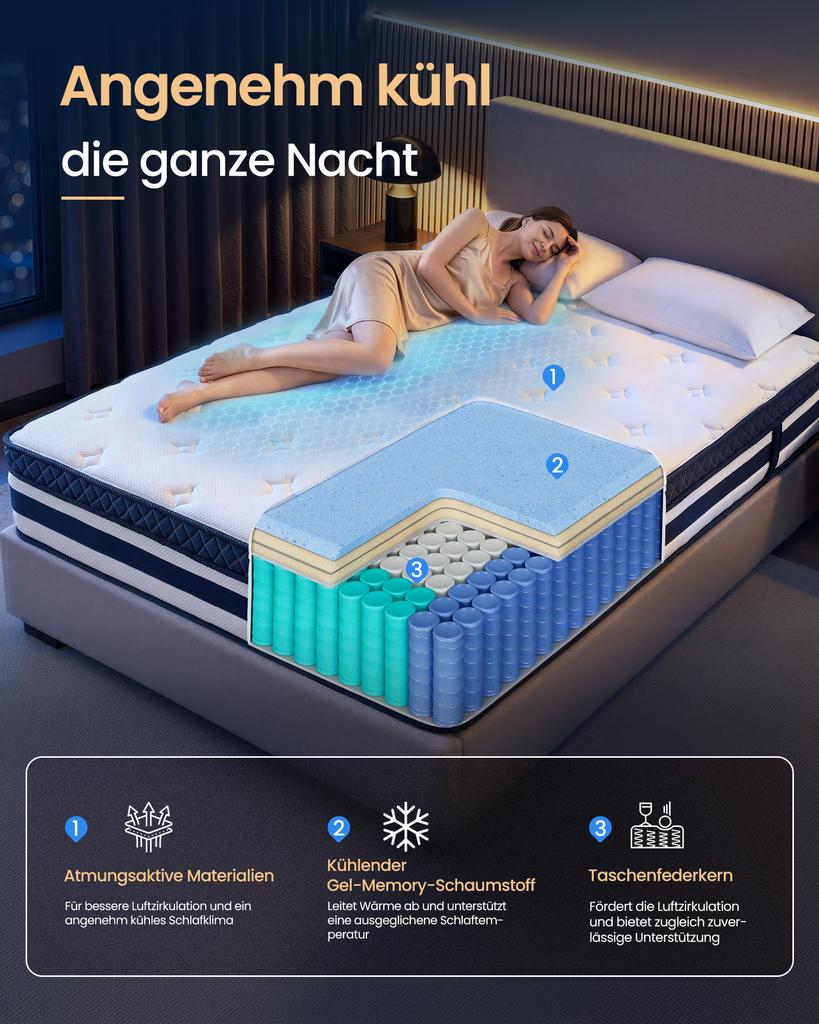 VASAGLE Matratze 140 x 200 x 25 cm Taschenfederkern Gel-Memory-Schaum Matratze Mittelfest H3 7-Zonen-Unterstützung Bewegungsisolation Atmungsaktiver Bezug Blau