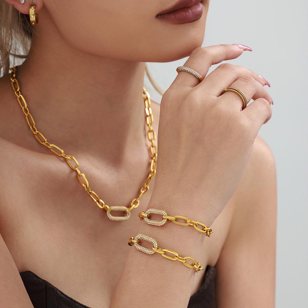 Factory Cuban Chain Couple Necklace Bracelet Jewelry Sets Hip Hop Stainless Steel Personalized Fashion Gold Plated Jewelry Sets