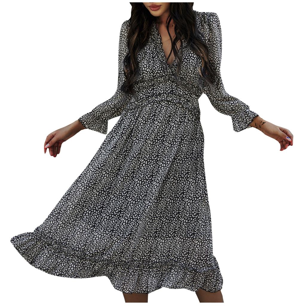 Damemote Langermet V-hals skjørt Plissert Kne-lengde Print Dress