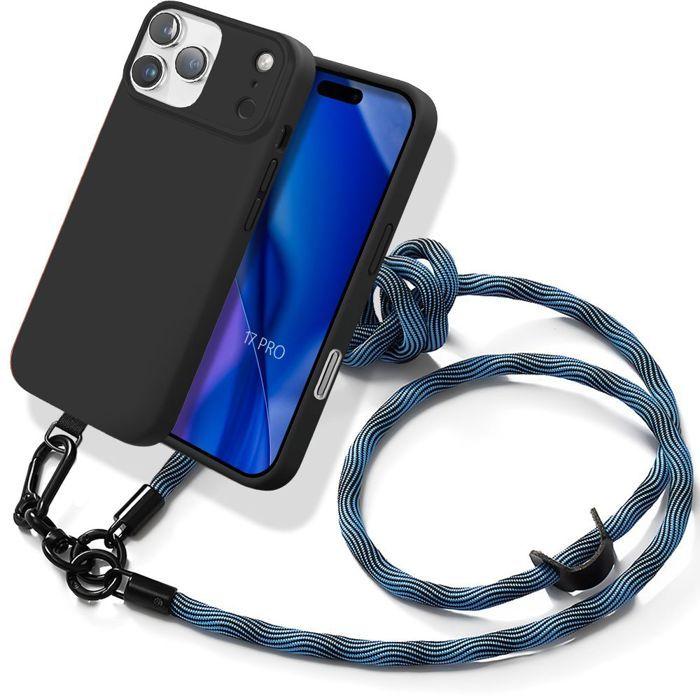 Coque - BOOLING - pour iPhone 17 Pro - Silicone Liquide Noire avec Cordon Détachable Bleu