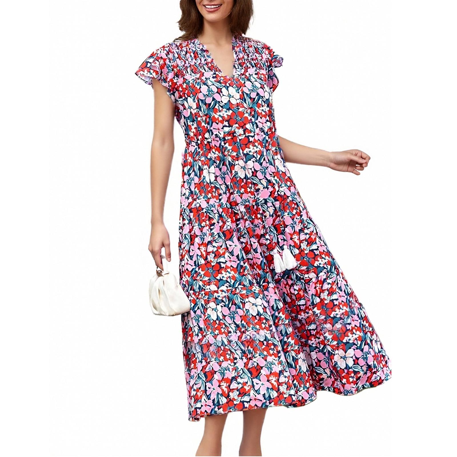 

Women s Short Sleeve Fringe Bohemian Holiday Beach Dress XL червоний