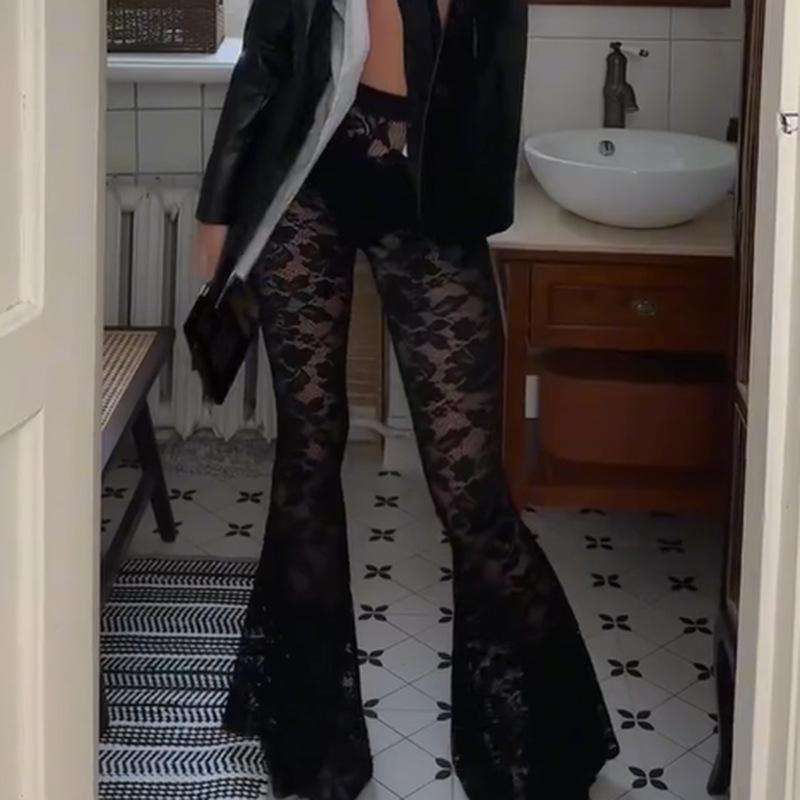 Temný styl Niche Sexy Krajková Perspektiva Kalhoty do zvonu s vysokým pasem Americká Kočka Personalizovaný Elastický pas Univerzální Kalhoty