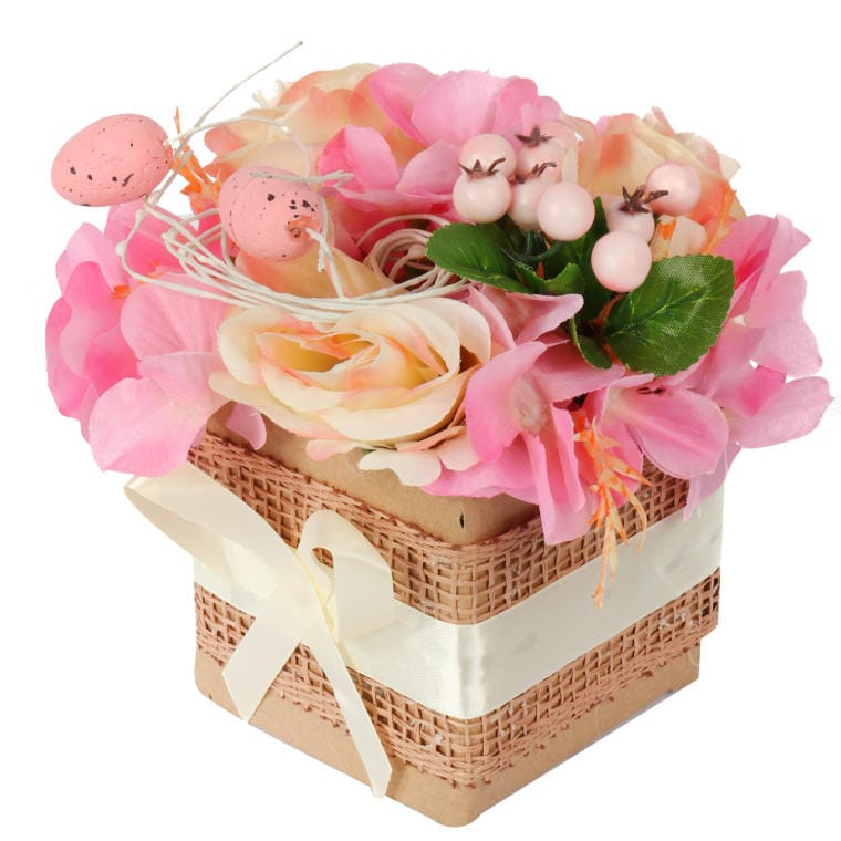Easter Flower Box Decoration with Pink Eggs and Artificial Flowers