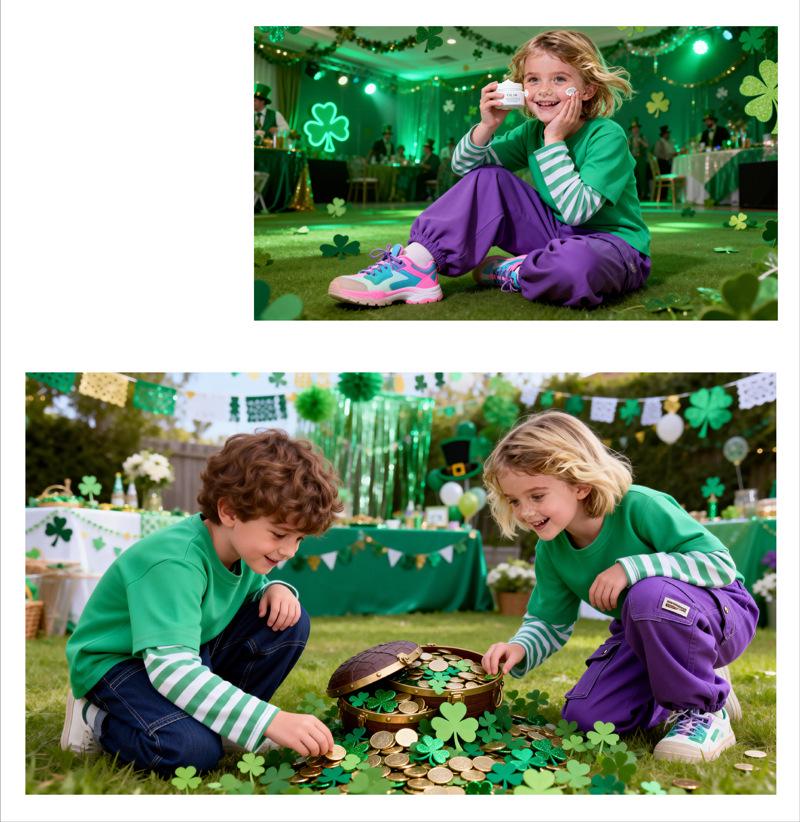 Green Kids' St. Patrick's Day Two-Piece Long-Sleeve Shamrock Party Outfit