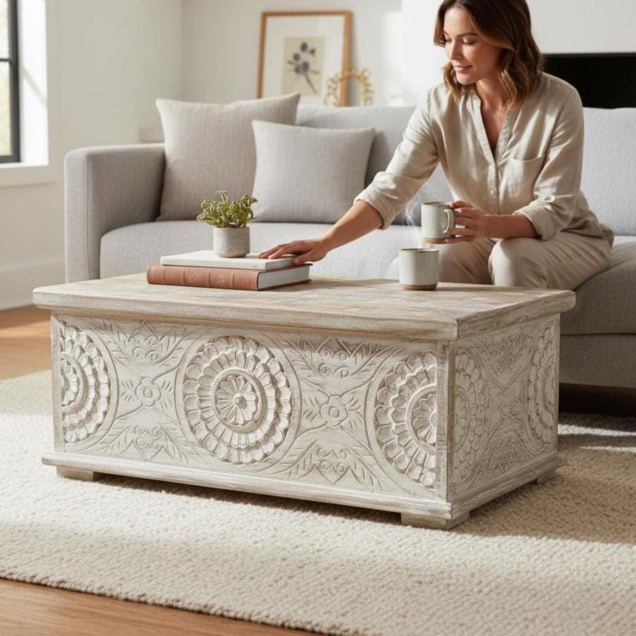 Wood Beautiful Carved Trunk Storage Box-Home Decor Central Box-Indian Side Trunk Storage Box For Home Decor Funniture