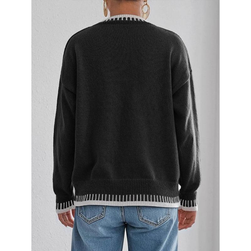 Women S Casual Loose Pullover Sweater Round Neck Long Sleeve Color Block