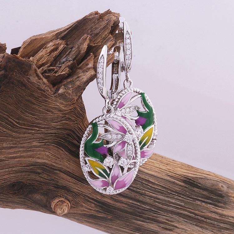 Elegant Flower Silver Color Enamel Jewelry Sets For Women Beautiful Wedding Pendant Necklace Ring Earrings