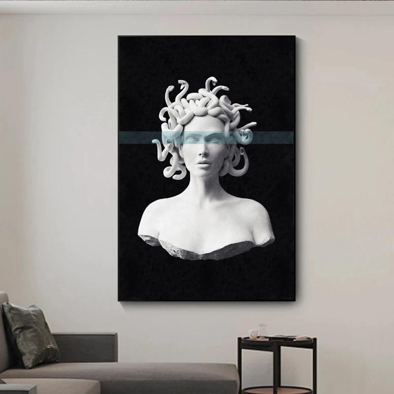 Vintage Ölgemälde einer Skulptur der antiken griechischen Mythologie von David Medusa Poster Leinwandgemälde Wandkunst Bilder Heimdekor