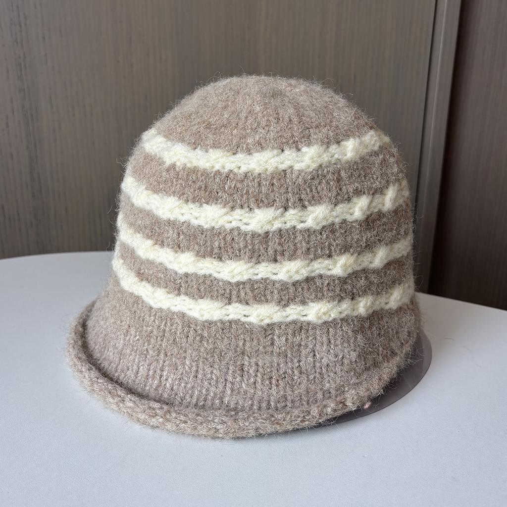 Japanese Striped Retro Knitted Bucket Hat Women'S Warm Wool Hat Versatile Big Brim Showing Face Small Bucket Hat