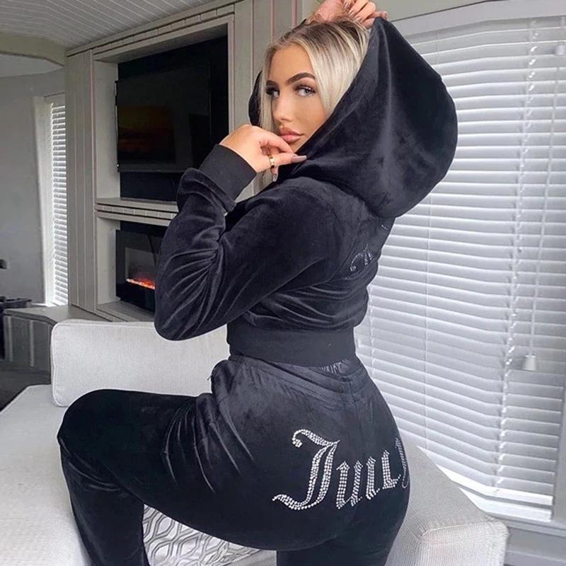 Autumn and winter fashion hot diamond velvet sports leisure suit two-piece set