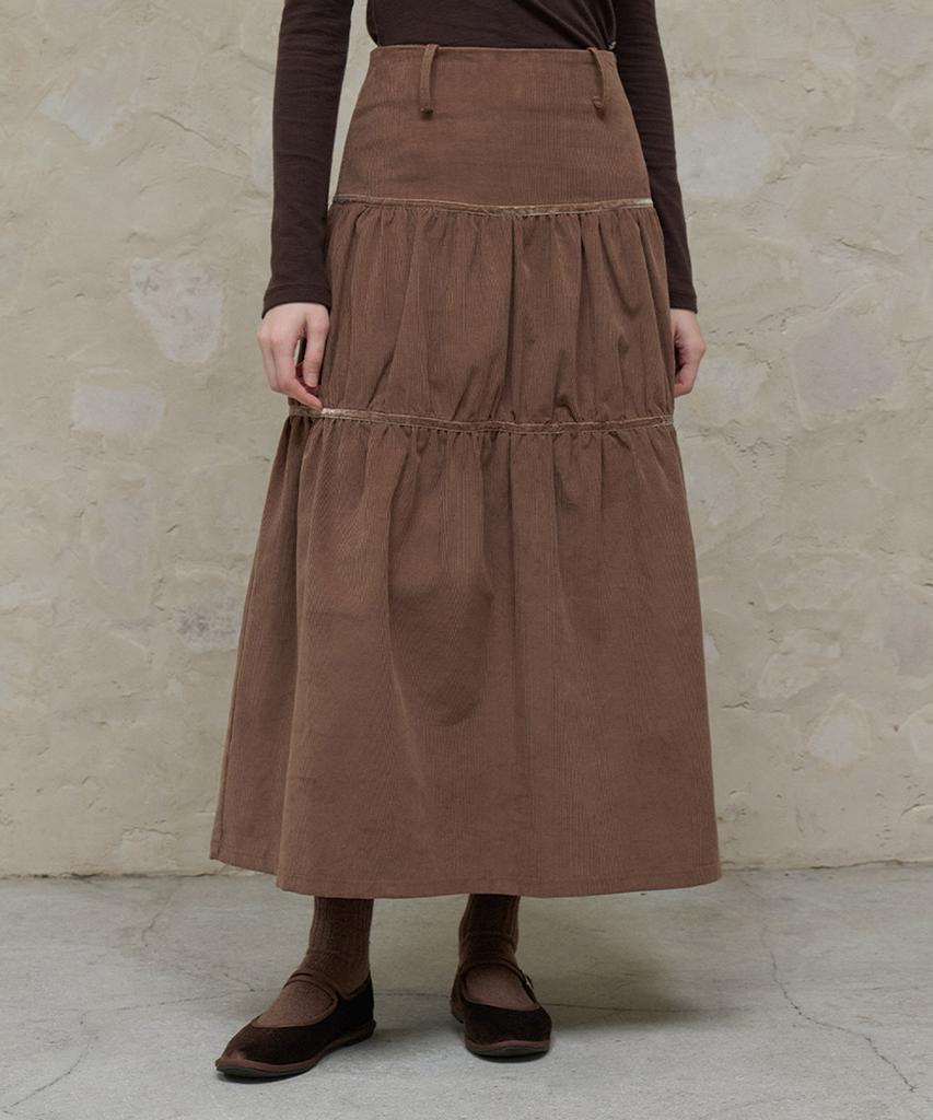 Itove Seoul Corduroy Shirred Long Skirt Brown