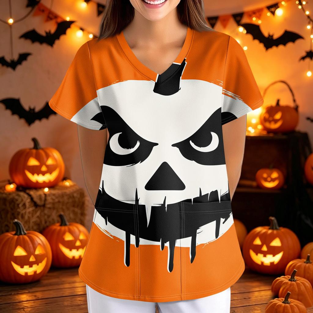 Halloween Print Loose Fit V Neck Short Sleeve Medical Scrub Top with Pockets for Women Nurses Caregivers Workwear