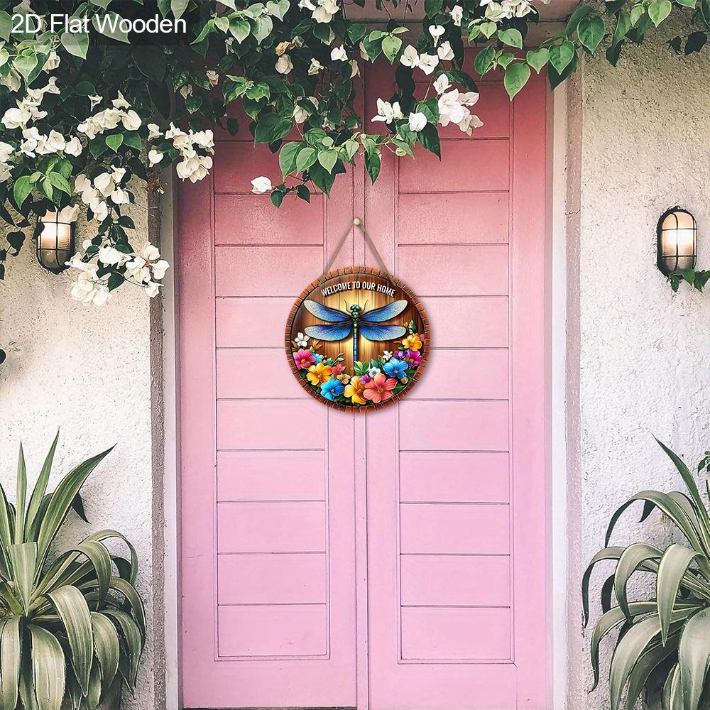 Rustic Wooden Welcome Sign with Dragonfly & Flowers Pattern - Charming Decorative Hanging Plaque for Front Door, Wall Decor
