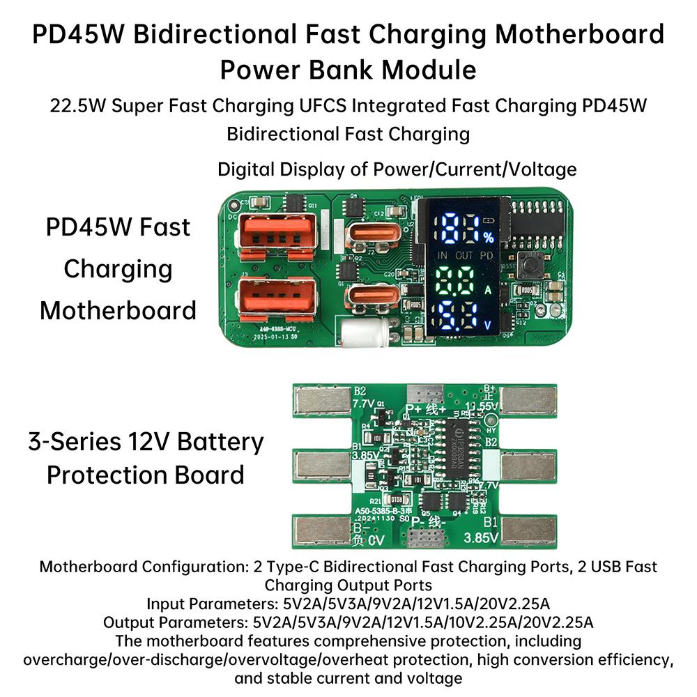 PD45W Fast Charging Module for DIY Power Bank PD QC VOOC 3.7V Lithium Battery Charger Board Circuit Protection with LED Display