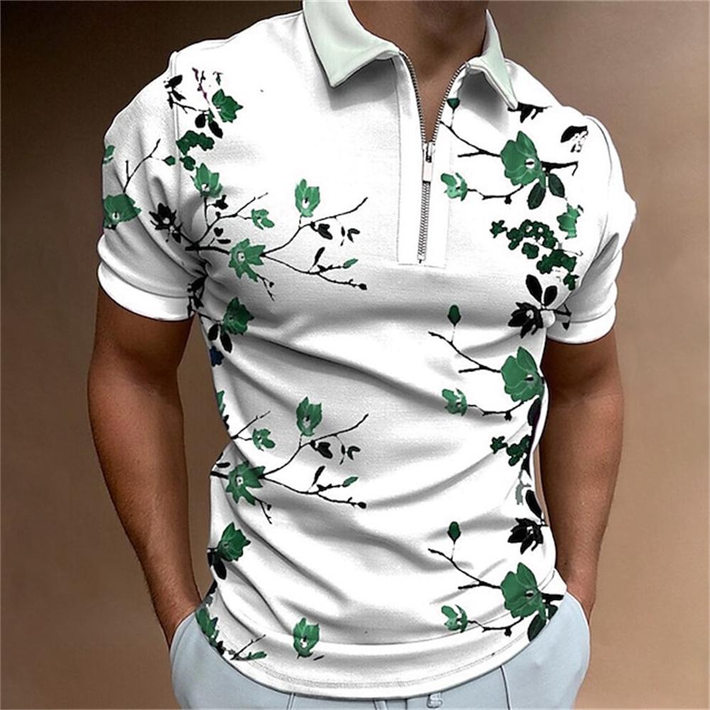 Fashion Zipper Polo Shirt For Men Floral Printed Daily Casual Short Sleeved Loose Oversized Shirt High Quality Men'S Clothing