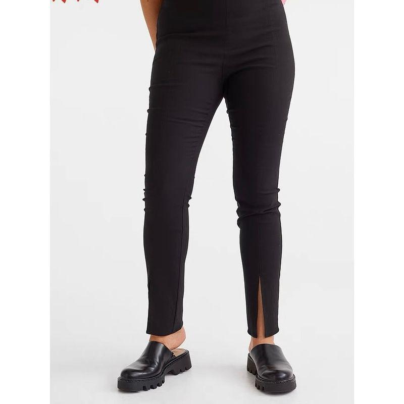 

Export Single H Home Autumn New Arrival Silm Slim Looking Easiest for Match Elastic Casual Pencil Elastic High Waist Split Trousers Women Black M(38)