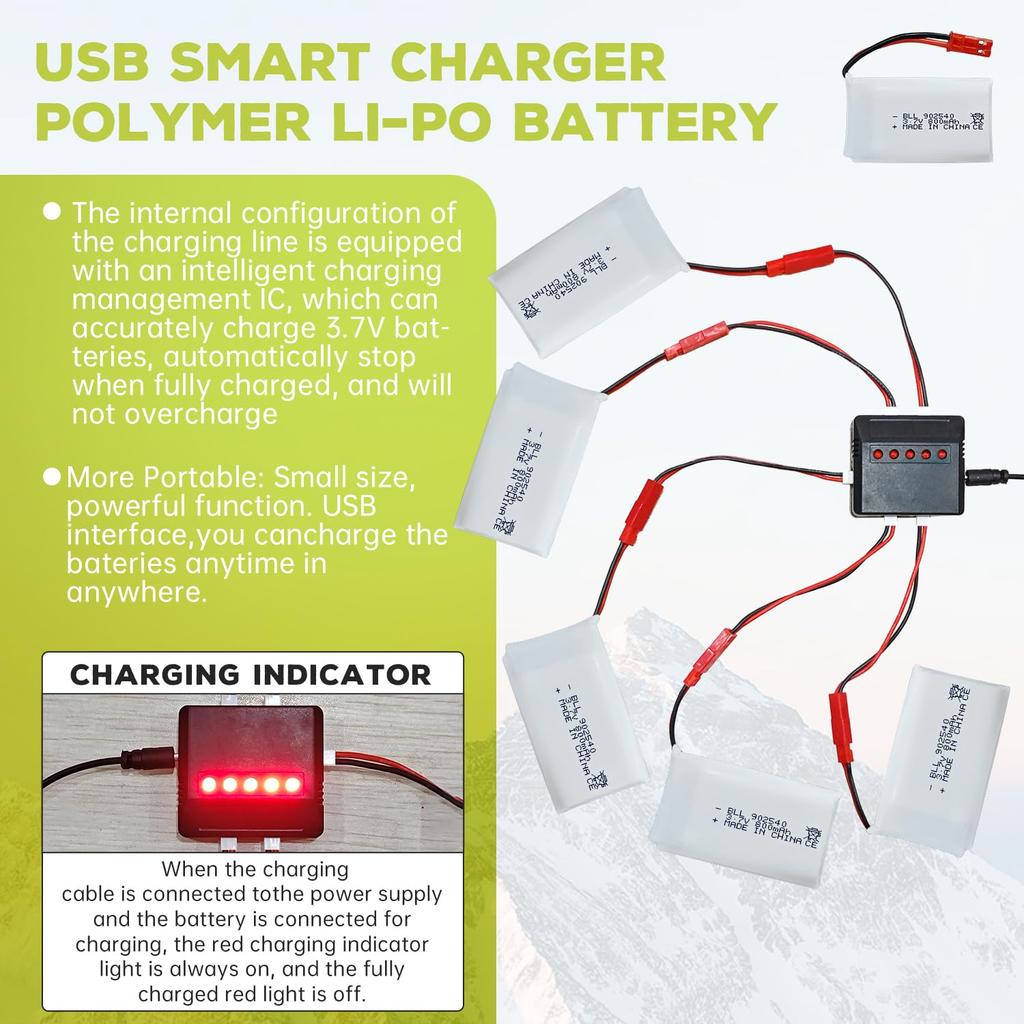 Sea Jump 5-Piece 3.7V 800mAh Lithium-Ion Remote Control Drone and 5-in-1 Charger with JST Plug Compatible with SYMA X56W, MJX X400W, X300C, X800,