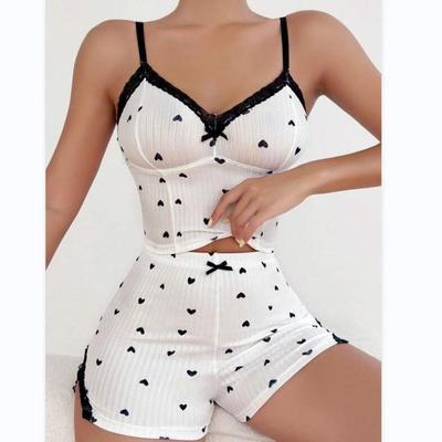 Casual Lace Bow Suspender Shorts Ladies Loungewear Set, New