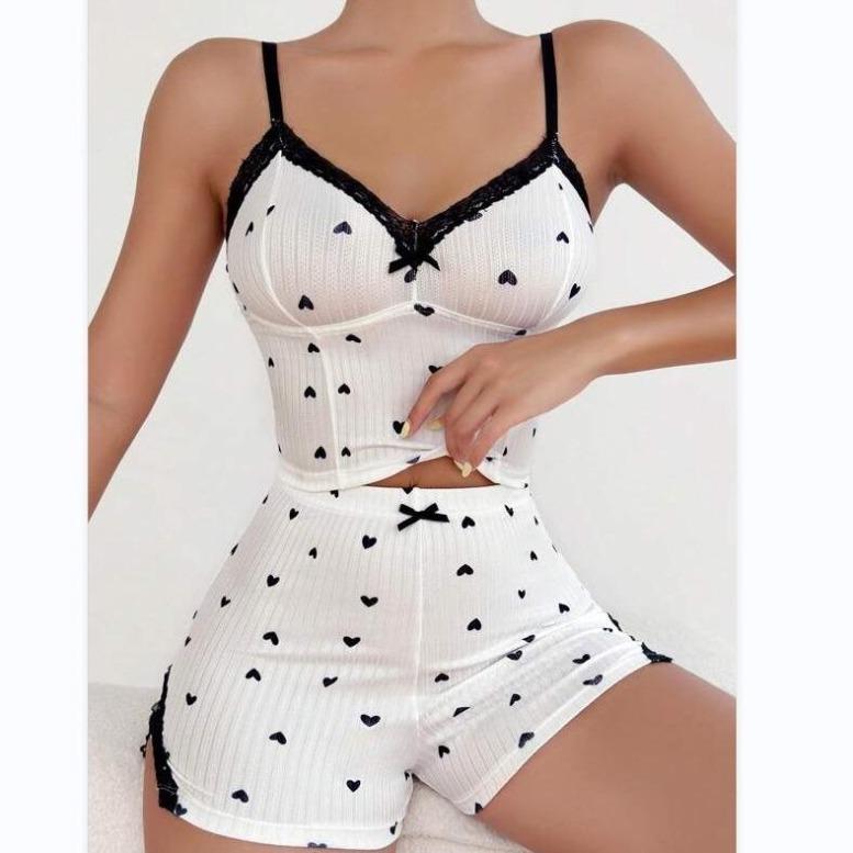 Casual Lace Bow Suspender Shorts Ladies Loungewear Set, New
