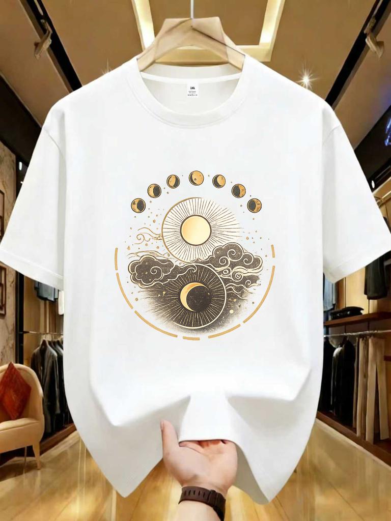 Wzm104123sun Moon Star Printed Large Unisexs Round Neck Summer Casual Short Sleeve Street Fashion Versatile Tshirt