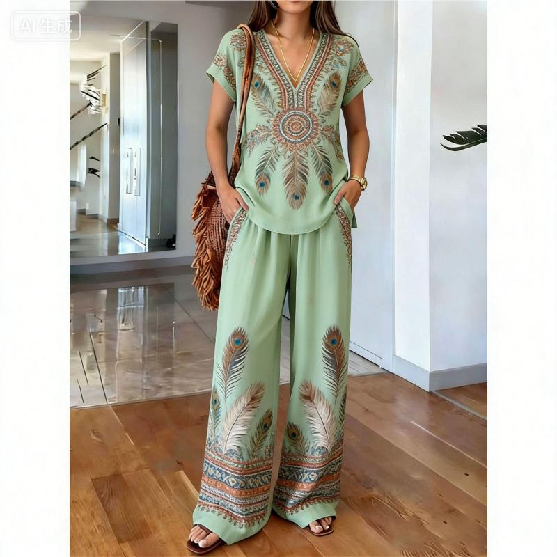 Y1 Summer Loose Short-sleeved V-neck Top Wide-leg Pants Two-piece Women's Clothing European and American Fashion Suit