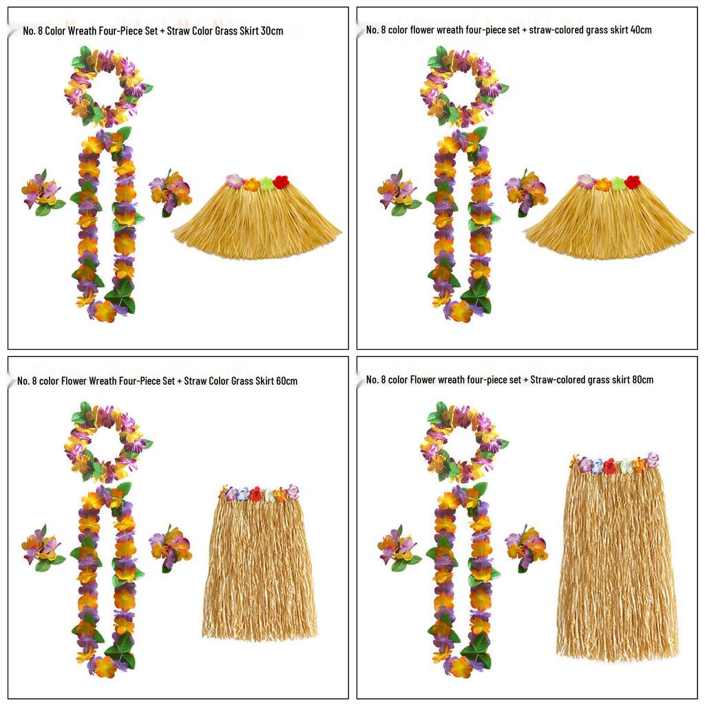 Kaifeng Summer Hawaiian Grass Skirt and Flower Garland Dance Party Set - 5 Pieces (30CM, 40CM, 60CM, 80CM)