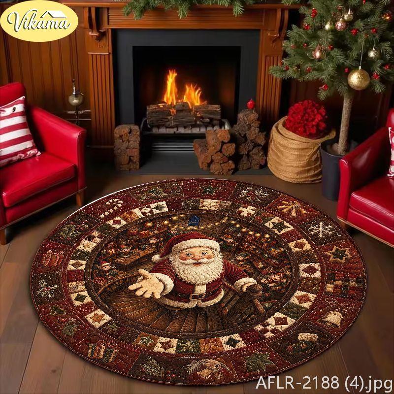 3D Visual Deep-Pile Santa Claus Rug, Retro Patchwork Washable Non-Slip Living Room Carpet, Christmas Home Decor, Xmas Gift Idea