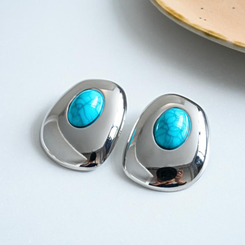 Women's Vintage Turquoise Ear Studs 14K Gold Plated Stainless Steel Non-Fading Oval Earrings for Daily Outings