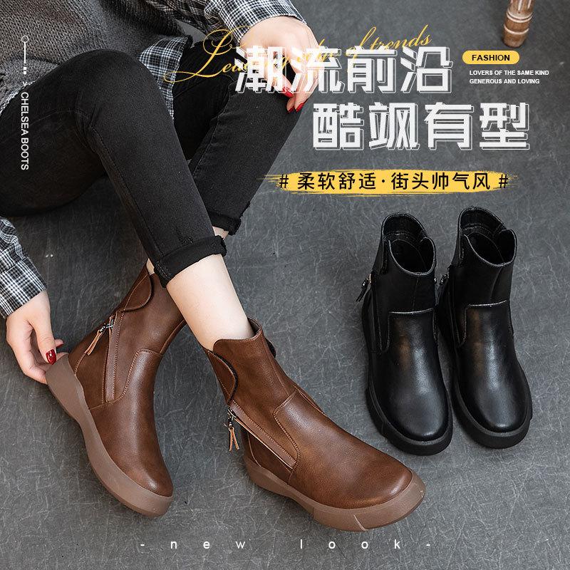 British versatile leather Martin boots women's autumn and winter retro platform short boots velvet breathable non-slip boots