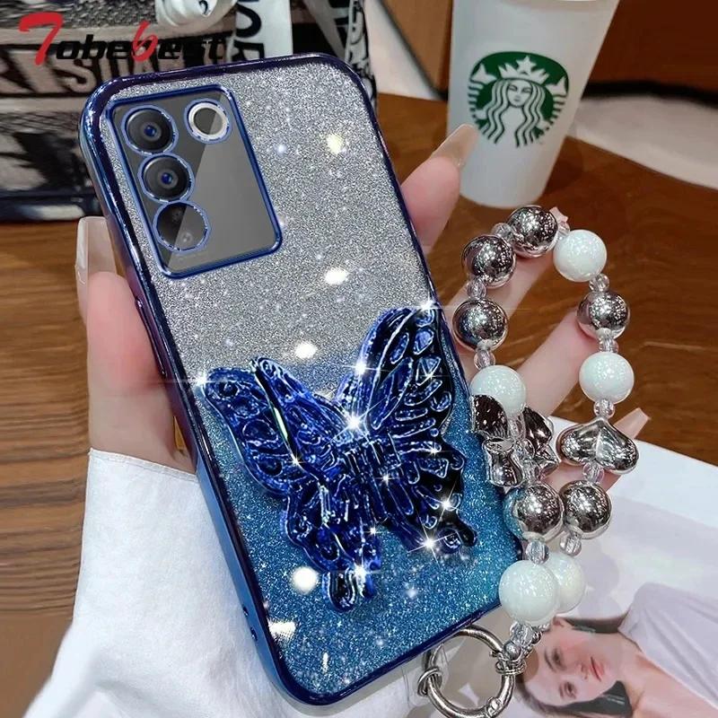 3D Butterfly Phone Holder Bead Bracelet Glitter Plating Case for Samsung Galaxy A16 A26 A36 A56 A06 5G Bling Soft Back Cover