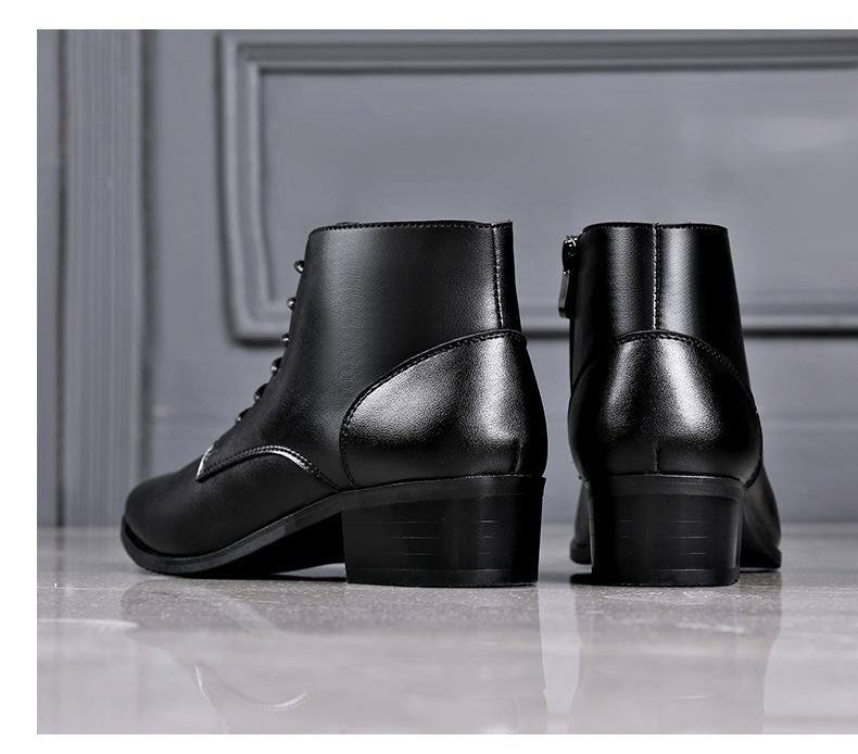 Men's Winter Pointed Toe Leather Chelsea Boots with Velvet, Lace-up Roman Style, High Heel Martin Design
