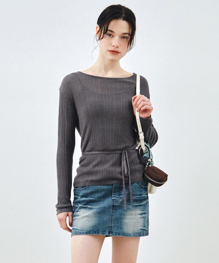 MONGDOL See-Through Lace-Up Knit Blouse Charcoal Mdbl009Charcoal