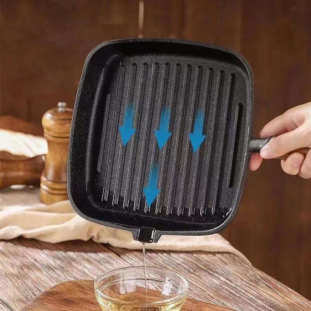 Parrilla de hierro fundido antiadherente de 9,25 pulgadas con mango de madera para cocinar en interiores y exteriores.