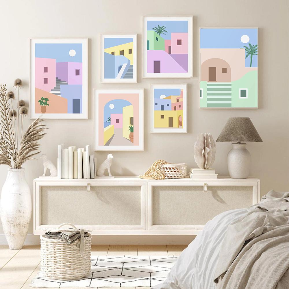 

Минималистичная домашняя картина гостиная Санторини пастельный принт плакат винтажная архитектура настенное искусство холст живопись