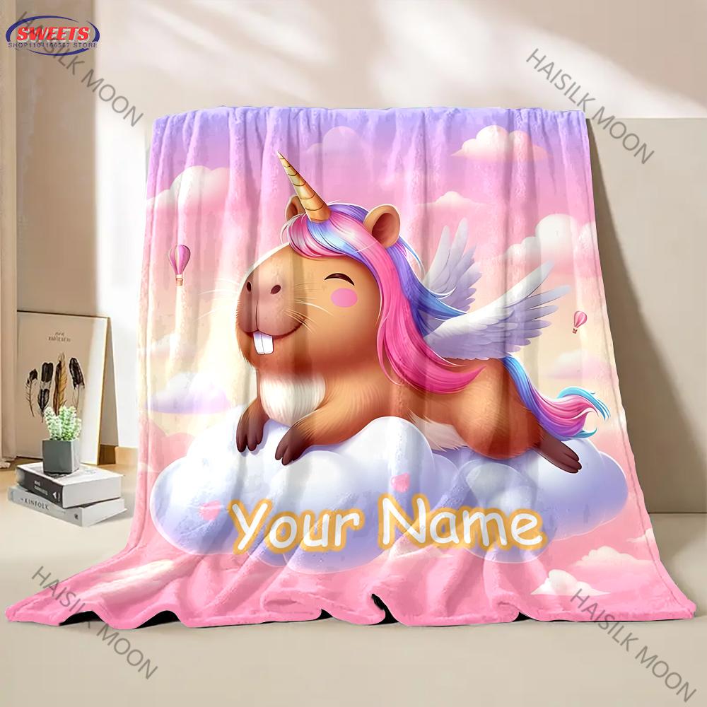Cute Capybara Cartoon Flannel Fluffy Throw With Exclusive Name Camping Blanket for Children Sofa Throw Thin Blanket Fashion Gift