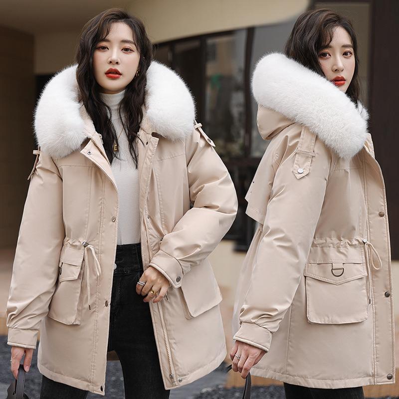 Fleece Thickened Coat Women's New Winter Waist Medium and Long Casual Hooded Parker Cotton Clothes Women