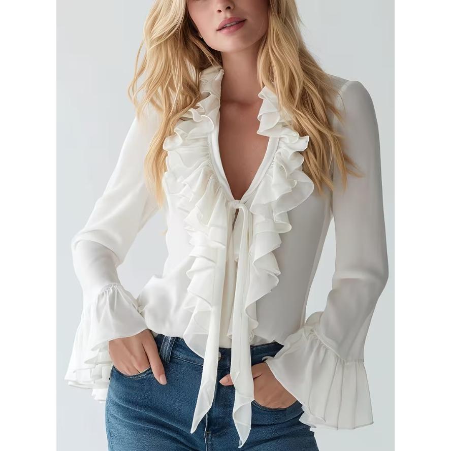 Dames V-hals Ruffle Rand Uitlopende Lange Mouw Casual Effen Kantoor Blouse