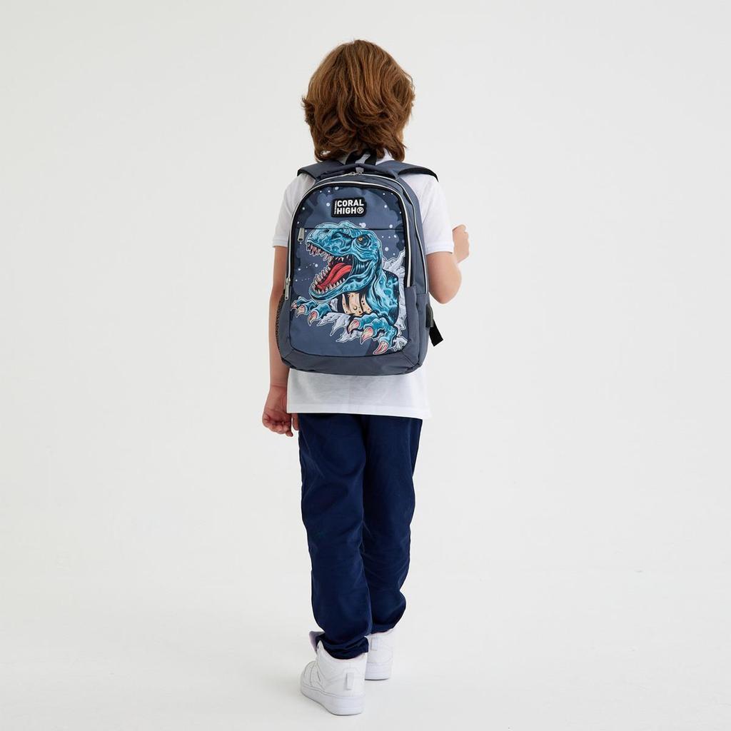 Tříkomorový USB školní batoh Coral High Kids Dark Grey Black se vzorem dinosaura 23420