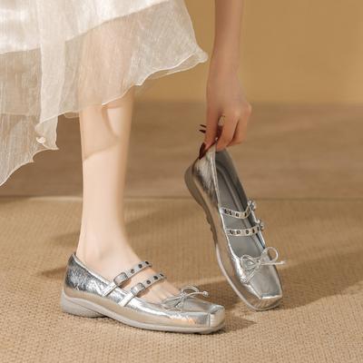 Silver Fishing Light Ballet Shoes Fairy Fairy Style Bow Square Head Flat Mary Jane Shoes with Skirt Single Shoes