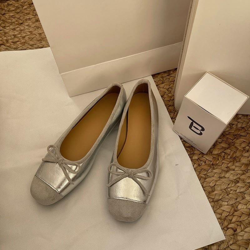 Single Shoes Women's Small Fragrant Style Bow Splicing Inner Height Increase Night Breeze Commuting Soft-soled Ballet Shoes