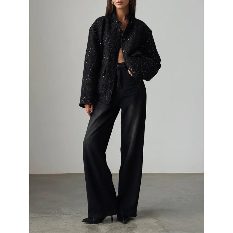 Tooxika Women's Autumn And Winter Gold Silk Sequin Jacket Stand Collar Loose Pocket Sequin Coat