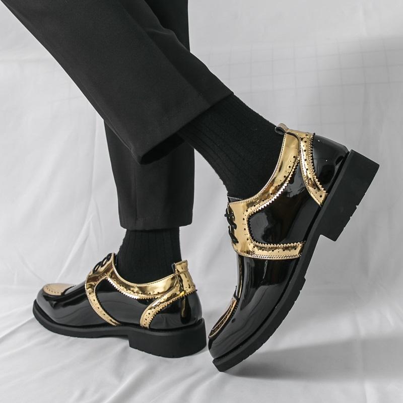 Luxury New Designer Men's Gold Silve Black Mixed Lace Up Fashion Patent Leather Shoes Formal Wedding Dress Homecoming Footwear
