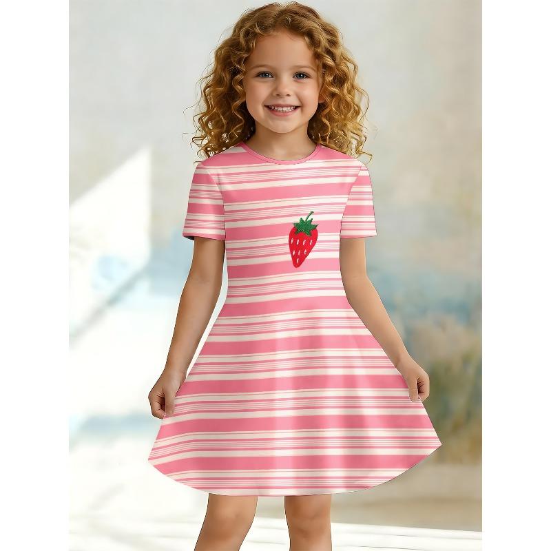 Sweet Cartoon A-line Dress for Girls, Short Sleeved Casual Summer A-line Dress Suitable for Birthday Parties and Gift Giving