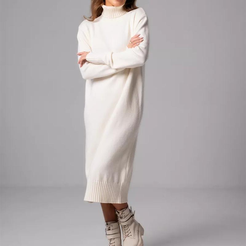Ribbed Turtleneck Knitted Dress Women Autumn Winter Basic Long Sleeve Sweater Dress Woman Solid Color Long Dresses Female